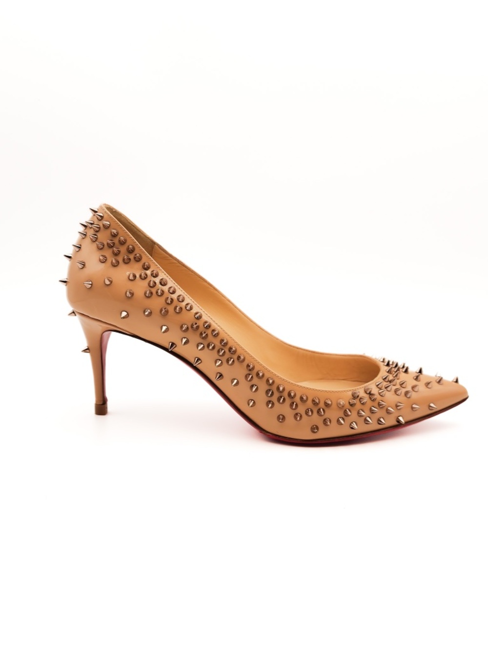 Christian Louboutin Nude Beige Patent Leather Mid Heel Spike Pumps EU 37